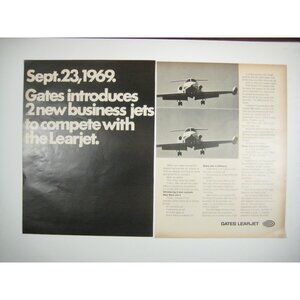 Gates Learjet 1969 Airplane Business ADVERT Vintage Print Ad 2 Pages